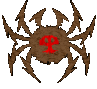 Two identical brown spider-shaped icons with red symbols on their bodies, displayed side-by-side against a light gray background.