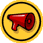 Two side-by-side animated frames of a red megaphone icon on yellow circular backgrounds with black outlines, showing sound waves in the second frame.