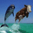 Pixelated image of a dolphin and cow leaping from water against a blue sky, with green background and pixelated text reading 'don't just sit there leap into ACTION!'