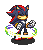 Pixelated character with dark blue fur, red streaks in hair, yellow eyes, and white gloves holds a checkered ball while spinning a multicolored hula hoop.