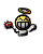 Pixelated animated buddy icon showing a yellow spherical character with halo, red hand, and white limbs in two sequential frames on gray background.
