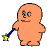 A peach-colored cartoon character with large eyes and a small nose holds a blue wand emitting yellow stars and green-blue particle effects