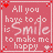 A 6-frame animated contact sheet of a pink-themed buddy icon with repeating text "All you have to do is Smile to make me happy" and decorative hearts, showing frame-by-frame color variations in the word "Smile".