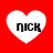 Four white heart shapes on a red background, each containing the text 'NICK' in black pixelated font.