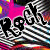 Pixelated icon with bold black text 'KISS' over a colorful abstract background of pink, purple, yellow, and multicolored stripes.