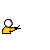 Pixel art scene with multiple yellow-shirted figures holding guns, one figure with scissors, and text bubbles reading "Shit!!!" and "Motha Fucka!" on gray background.