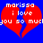 Two identical red broken hearts on blue background with white pixelated text reading 'morissa i love you so much' above and below the heart.