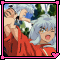 Pixelated anime character with silver hair in red robe, mouth open in shout, hand raised near face against green foliage background.