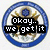 Circular blue-and-white seal with eagle emblem, overlaid text in black blocks reading "Okay.. we get it" and "We're a blue ribbon school!" on two views.