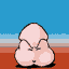 Pixelated cartoon character with pink skin and rounded body in various poses against blue sky and red ground background.