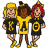 Three pixelated figures stand side-by-side wearing black and yellow shirts with large letters K, A, G, and yellow hats and shoes.