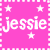 Pixelated pink background with white text 'jessie' repeated twice, surrounded by stars and a dotted border.