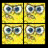 Yellow background displays four Spongebob Squarepants face and repeated text 'SPONGEBOB' in pixelated font with blue eyes on yellow skin