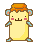 Pixel art contact sheet showing two frames of a yellow cartoon character with orange hair and blue ears, standing against gray background.