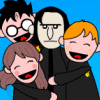 Animated cartoon of four characters with varying expressions and green text reading 'Have you hugged your Snape today?' against a blue background.