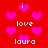 Red background with pink heart shapes and white text reading 'i love laura' repeated in a pattern