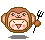 Pixel art monkey avatar with brown fur, pink cheeks, and a fork-like prop in two expressions: one smiling with closed eyes, the other grinning with open mouth.