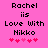 Pixelated text on pink background reads 'Rachel is Love With Nikko' with five pink hearts below, two versions differ in heart color sequence.