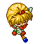 Pixel art character with blonde hair, red bow, green and red outfit, blue eyes, holding blue-tipped staff in various poses.