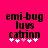 A bright pink background displays black pixelated text reading 'emi-bug luvs cabinn' with five white plus signs below, where the third sign is light pink in one frame.