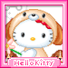 Hello Kitty character in brown dog costume holding pink flower, with 'Hellokitty' text on pink banner below.