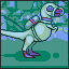 Pixel art of a humanoid figure with light green skin, purple eyes, and red accents on limbs, standing in a dynamic pose against a teal background.