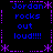 Pixelated text displays 'Jordan rocks out loud!!!!' in blue with purple decorative borders on a black background.