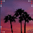 Pixelated sunset scene with palm tree silhouettes against a purple and orange gradient sky, bordered by white and red corner markers.