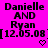 A bright pink background displays black pixelated text reading "Danielle AND Ryan [12.05.08]" with a small pixelated heart symbol below the date.