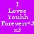Pixelated text reads "I Lovee Youh Forever< " on four distinct background colors: magenta, purple, blue, and dark purple