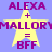 A static image with a light purple background displays four identical yellow stars, each containing text: 'ALEXA + MALLORY = BFF' in dark purple letters.