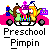 Pixel art of a cartoon character with brown hair and green shirt driving a pink vehicle, holding a blue bottle, under purple crown-like shape.