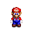 Pixel art of a character in red cap with white 'M', blue overalls, and brown shoes standing against gray background.