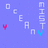 Pixelated text and symbols on split blue and purple backgrounds with cyan and red accents.