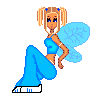 Pixelated cartoon character with blonde pigtails, blue top and pants, and light blue wings, seated on a gray background with a small black-and-white base.
