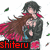 Pixelated anime-style character with long brown hair and red cape, holding a smaller figure, surrounded by green leaf fragments.
