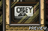 Pixel art of a framed television showing 'OBEY' text with a figure, set against brick and wood textures.