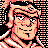 Pixelated 48x48 static buddy icon featuring a stylized character with peach skin, black hair, and red accents against a striped background.