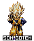Pixel art of a character with spiky golden hair in two poses, wearing an orange and blue martial arts uniform with black belt, standing against gray background.