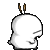 Pixelated white creature with brown antennae shifts facial expression from smiling to neutral