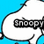 A cartoon dog with a white body and black outline appears in four positions against a bright blue background, each displaying the word "Snoopy" in bold black text.