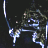 Pixelated static icon depicting a dark, abstract figure with glowing blue and white accents against black background.