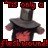 Pixelated figure in dark armor with red accents, standing against white background bordered by red decorative elements.