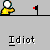Pixelated yellow figure with white head and red flag, repeatedly labeled 'Idiot' in gray background
