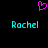 A static pixel art image with a black background, featuring two cyan 'Rachel' text labels and one pink heart symbol above them.