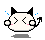 Pixelated cat-like icon with black ears, white face, pink cheeks, and X-shaped eyes in four variations showing different mouth shapes and blue particle effects.