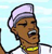 Pixelated cartoon character with brown skin wears white cap and yellow necklace, eyes closed in profile view against light blue background.