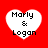 Four white heart-shaped icons with black text "Marly & Logan" on a solid red background, arranged in a