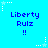 Blue background with repeated 'Liberty Rulz !!' text and white star patterns in pixelated style.