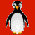 Pixelated penguin with black head, white body, orange beak and feet stands against solid color backgrounds in a